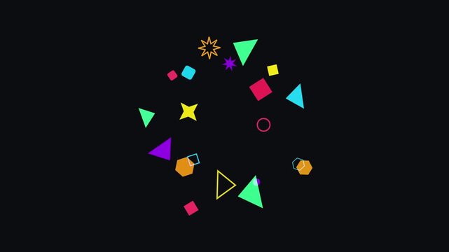 Abstract explosion of colorful geometric shapes and figures on a black background, creating a vibrant and dynamic composition