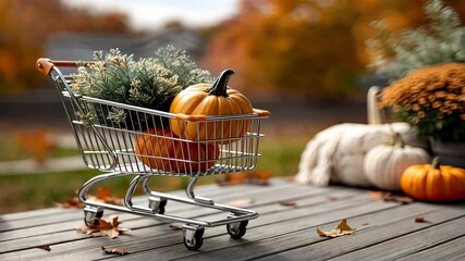 Shopping cart filled with pumpkins and flowers in a vibrant autumn setting with colorful leaves and seasonal decorations