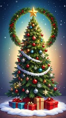 Obraz premium Festive Christmas Tree with Decorations and Colorful Presents