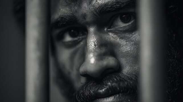 A somber South Asian man gazes through prison bars, revealing raw emotions of despair and reflection.