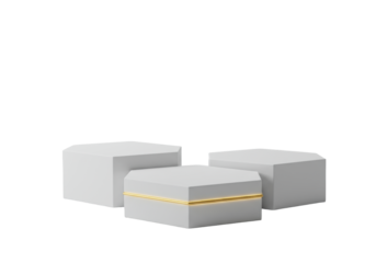 Three transparent hexagonal pedestals with matte finish and crisp edges, staggered against seamless transparent studio background with diffused light, concept of minimalist product display