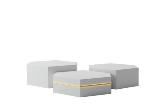 Three transparent hexagonal pedestals with matte finish and crisp edges, staggered against seamless transparent studio background with diffused light, concept of minimalist product display