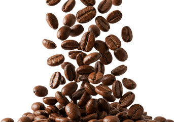 Obraz premium Falling dark brown, oily arabica beans with porous texture, scattering in a bright studio, white background, freshness, abundance, Concept for coffee advertising