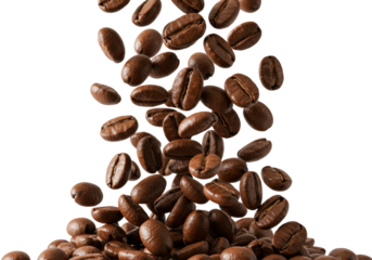 Falling dark brown, oily arabica beans with porous texture, scattering in a bright studio, white background, freshness, abundance, Concept for coffee advertising