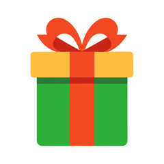 Green gift box with yellow lid and red ribbon and bow