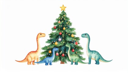 Illustration of Christmas Tree Decorated with Dinosaurs Around It -Symbolizing Childhood Imagination, Fantasy of holiday season.