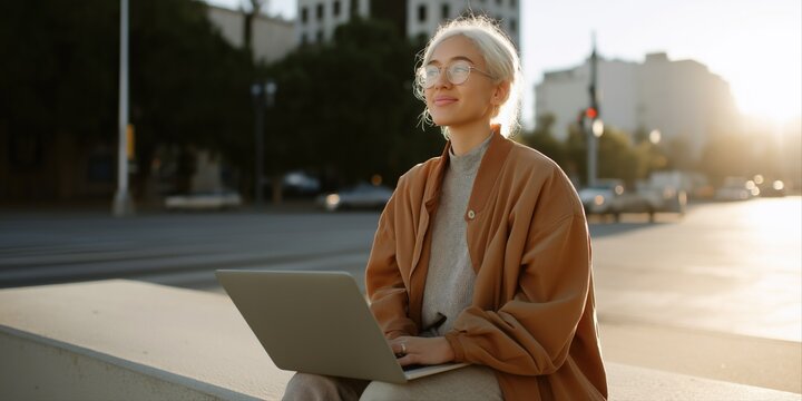 Elderly caucasian female outdoors with laptop in urban setting at sunset