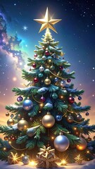 Obraz premium Beautifully Decorated Christmas Tree Under Starry Night Sky