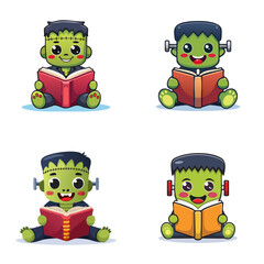 Cute Green Monster Reading Book Cartoon Set, Kawaii Halloween Study Character Pack