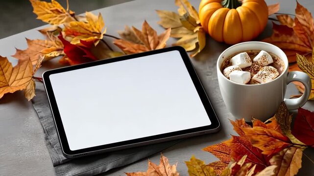 Enjoying autumn vibes with warm drinks and cozy decor surrounded by colorful leaves and pumpkins