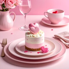 Romantic dessert, pink tableware, Valentine's Day