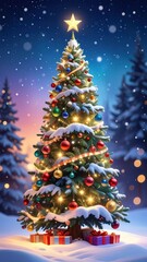 Snowy Christmas Tree with Colorful Ornaments and Gift Boxes at Dusk