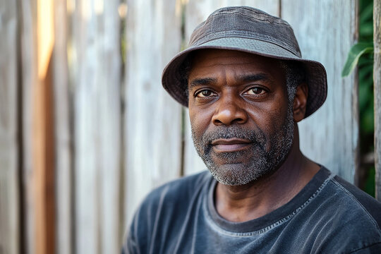 Close-up outdoor portrait of a middle-aged man wearing a casual hat and t-shirt