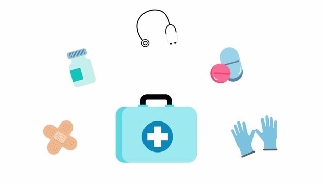 Essential Medical and First Aid Equipment Icon Set Animation.