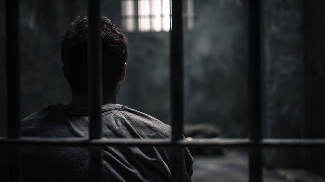 A pensive man, lost in thought, sits in a dimly lit prison cell, emphasizing isolation and introspection. - Powered by Adobe