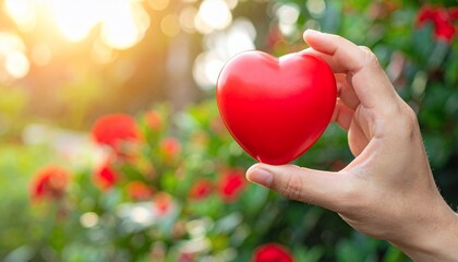 A hand delicately holds a red heart symbol amidst a vibrant, sunlit natural setting