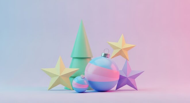 Modern stylized Christmas arrangement featuring geometric shapes, delicate pastel colors, and festive holiday cheer on a smooth background, cheer, invitation, artistic