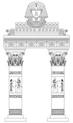 Fototapeta premium Vector illustration of ancient Egyptian temple columns decorated with hieroglyphic figures, lotus ornaments, and symbolic architectural details.