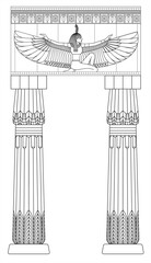 Fototapeta premium Vector illustration of ancient Egyptian temple columns decorated with hieroglyphic figures, lotus ornaments, and symbolic architectural details.