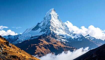 A Majestic Snow-Capped Mountain Peak Rising Under a Vivid Blue Sky and Floating Clouds