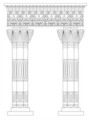 Fototapeta premium Vector illustration of ancient Egyptian temple columns decorated with hieroglyphic figures, lotus ornaments, and symbolic architectural details.