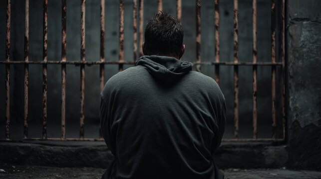 A solitary male in a hooded sweatshirt contemplatively sits facing a barred cell, evoking a sense of confinement and reflection.