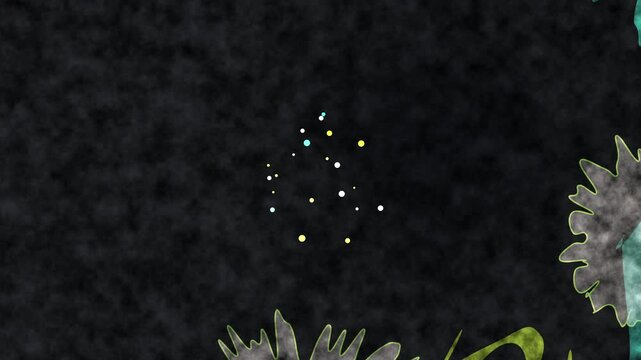 A cluster of small, glowing orbs in various colors, including white, yellow, and blue, against a dark, textured background