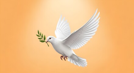 Fototapeta premium A white dove soars gracefully with olive branch, embodying hope and peace on a warm background.