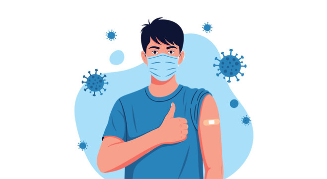 Young man in a face mask gives a thumbs-up with a bandage on his arm after receiving a coronavirus vaccine.