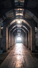 Obraz premium Abandoned Industrial Hallway with Arched Ceilings and Natural Light