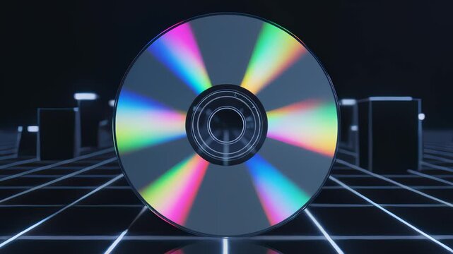 Shiny Compact Disc Rotating in a Sci-Fi Virtual Reality Setting