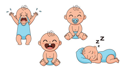 Cute cartoon babies illustrating different emotional states and actions, including crying, joyful, teething, and sound asleep, all in blue outfits.