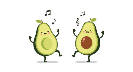 Two cheerful cartoon avocados are happily dancing and swaying to music, with notes floating around, spreading joy and healthy vibes.