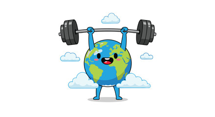 A strong and happy cartoon Earth mascot triumphantly lifts a large barbell overhead, representing global strength, protection, and sustainability efforts.