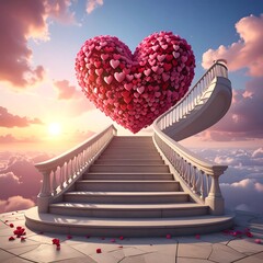 Romantic staircase leading to a large heart-shaped cloud