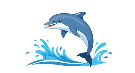 A cheerful cartoon dolphin with a friendly smile and winking eye leaps gracefully from the vibrant blue ocean waves, creating playful splashes.