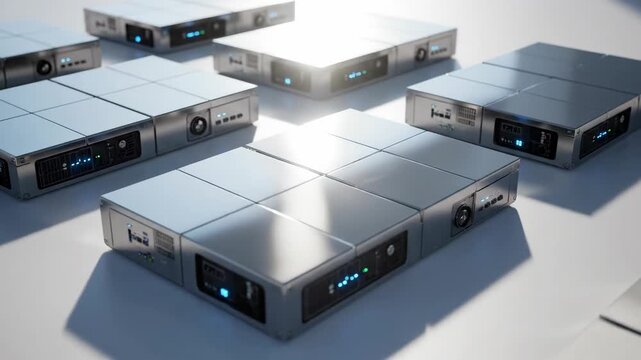 Metallic modular units arranged on a bright surface in studio
