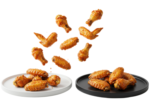 Golden-brown ultra-crispy chicken wings with glossy skin and seasoning flakes in mid-fall onto transparent and deep black ceramic plates on a transparent infinity cove background,