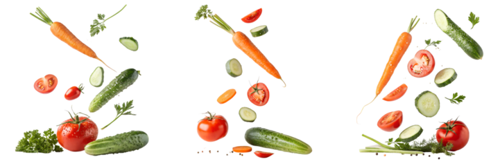  Set of flying vegetables isolated on a transparent background