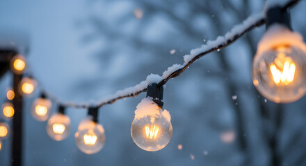 Close-up of Outdoor String Lights Covered in Snow
