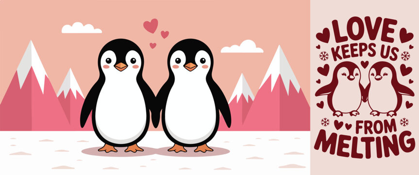 Cute penguin couple holding hands vector illustration for Valentines Day romantic greeting card and love concept