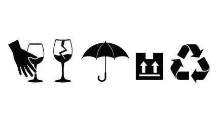 Silhouette of various objects including a wine glass an umbrella and a chair on a black background
