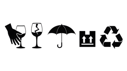 Silhouette of various objects including a wine glass an umbrella and a chair on a black background