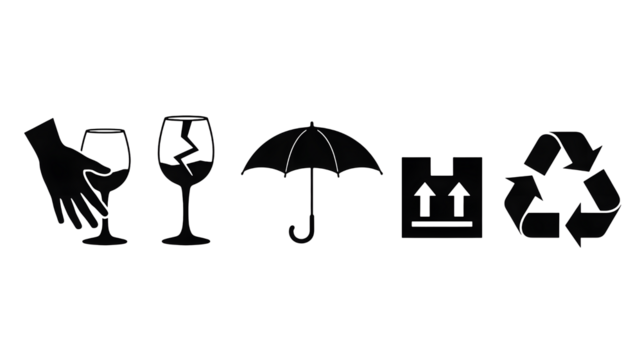 Silhouette of various objects including a wine glass an umbrella and a chair on a black background