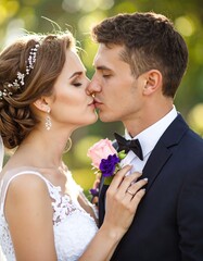 Romantic wedding couple kissing outdoors