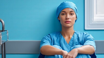 A young female nurse of Hispanic descent sits against a blue wall in a medical setting, conveying a sense of calm and professionalism.