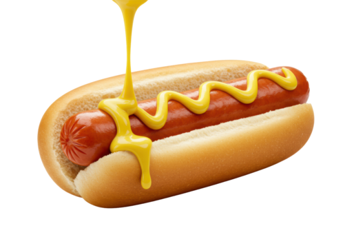 Plump, grilled hot dog in a golden brioche bun with dripping yellow mustard, against a transparent studio background, with left copy space, concept for fast food advertising