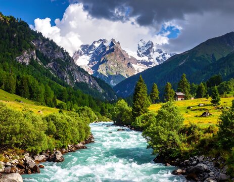 A vibrant river flows through a green valley toward snow-capped mountains.
