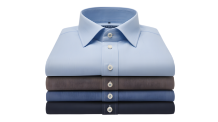 Stack of folded shirts in varying colors with visible collars and buttons on a black background