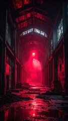 Fototapeta premium Abandoned Industrial Space with Red Lighting and Reflections in Water